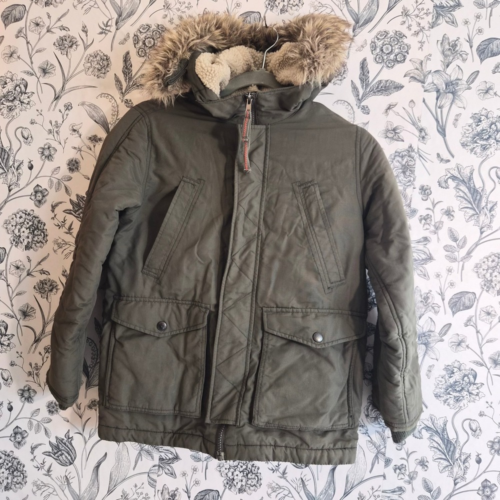 Lands End Kids Small 8 Olive Green Parka Faux Fur Sherpa Winter Jacket Gorpcore